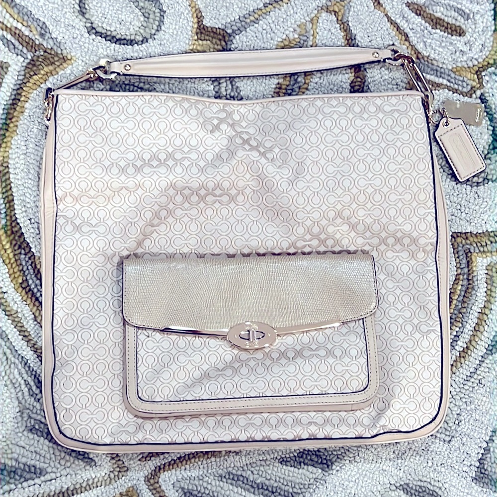 💕 Coach NWOT beige gold top handle satchel x large bag nice 💕